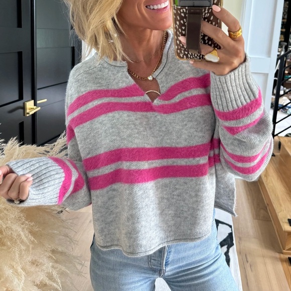 Pink Lily Sweaters - Pink Lily Gray & Hot Pink Striped Cropped Sweater, Size M